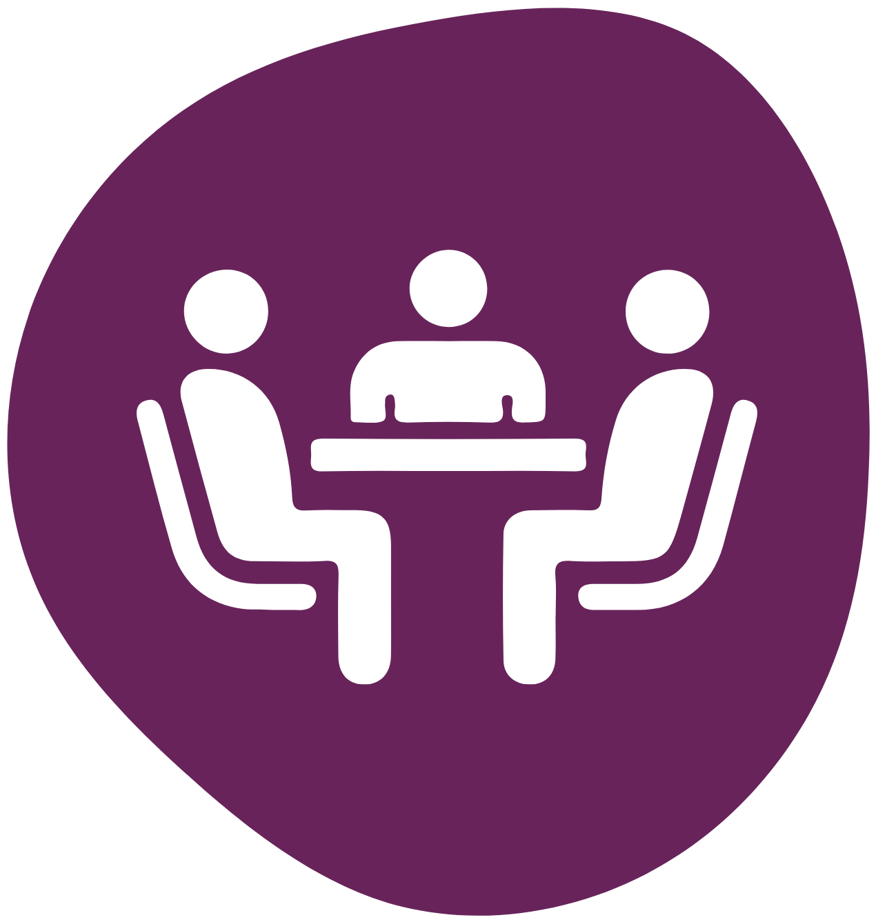 Icon of 3 people around a table in an interview setting, to represent screening applicants. 